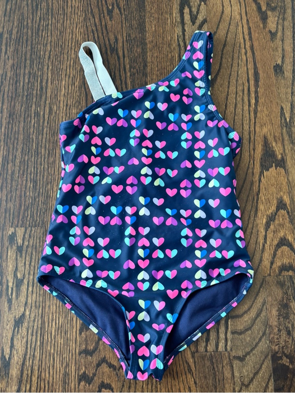 Lands End Kids One-Piece Swim Suit in Navy with Pink & Aqua Hearts large 10/12